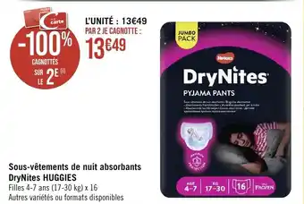 Géant Casino Sous-vêtements de nuit absorbants DryNites HUGGIES offre