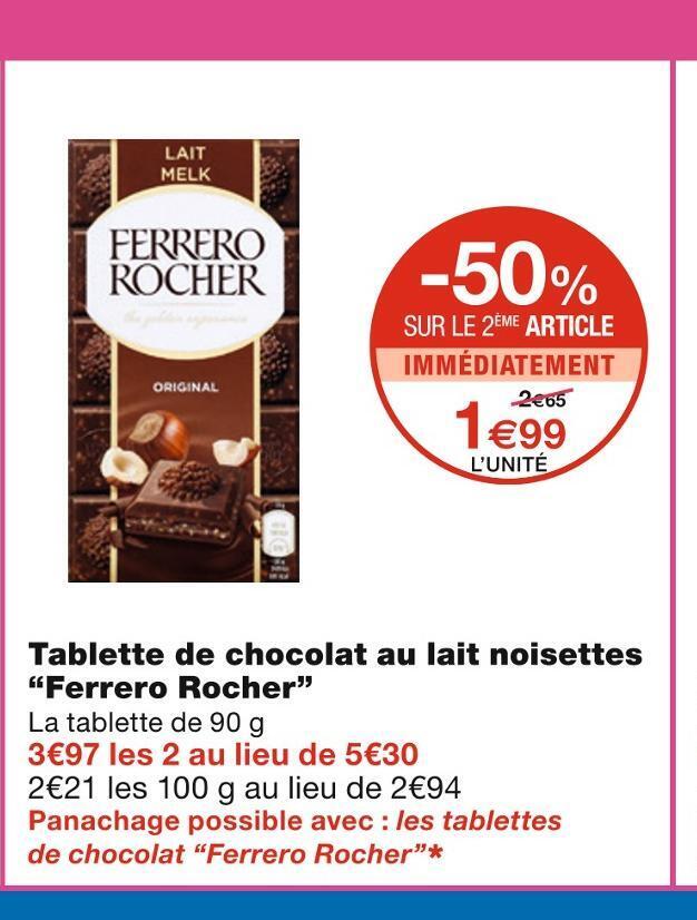 Promo Ferrero rocher tablette de chocolat au lait noisettes chez Monoprix