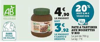 Super U U bio pate a tartiner aux noisettes offre
