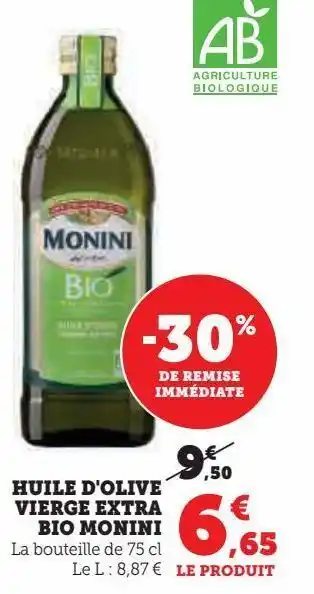 Super U Huile d'olive vierge extra bio monini offre