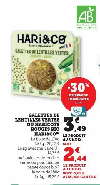 Super U Galettes de lentilles vertes ou haricots rouges bio hari&co( offre