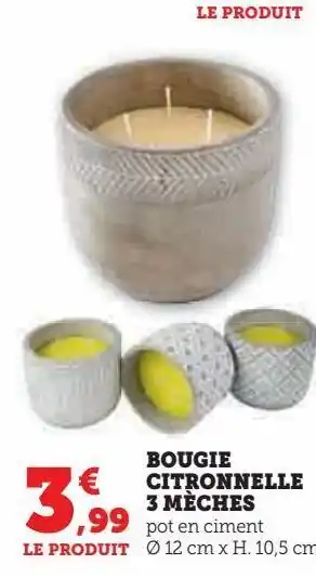 Hyper U Bougie citronnelle 3 mèches offre