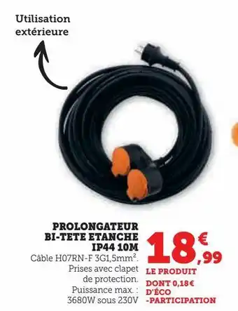 Prolongateur bi-tete etanche ip44 10m