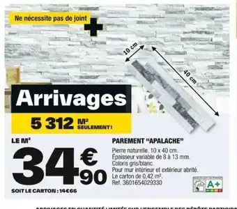 Brico Dépôt PAREMENT "APALACHE" Pierre naturelle. 10 x 40 cm. Épaisseur variable de 8 à 13 mm. Coloris gris/blanc. offre