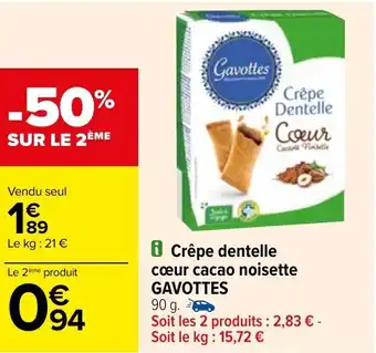 Carrefour Crêpe dentelle cœur cacao noisette GAVOTTES offre