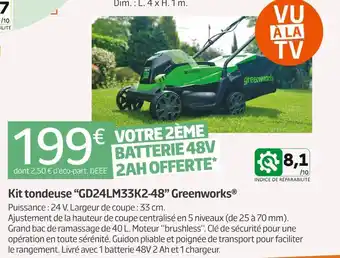 Jardiland Greenworks kit tondeuse gd24lm33k2-48 offre