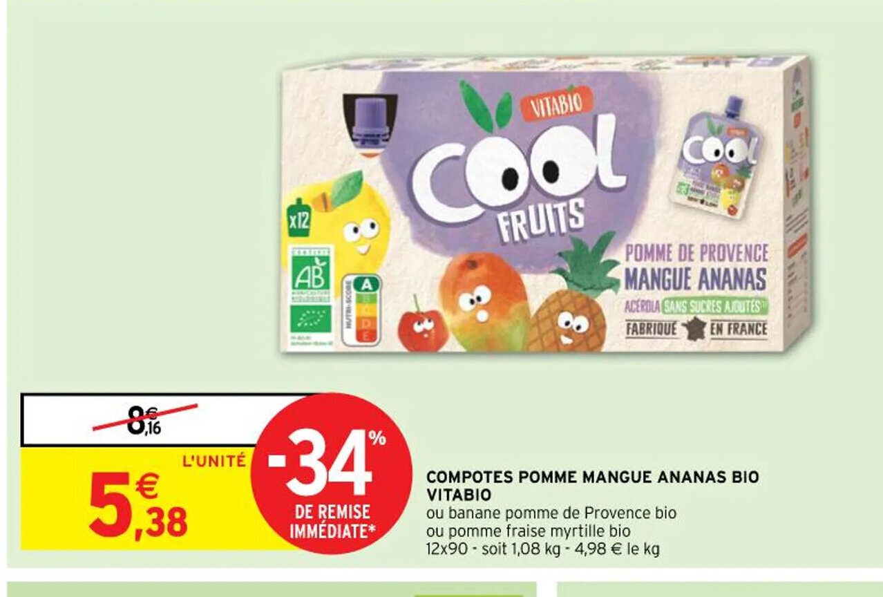 Promo COMPOTES POMME MANGUE ANANAS BIO VITABIO chez Intermarché Hyper