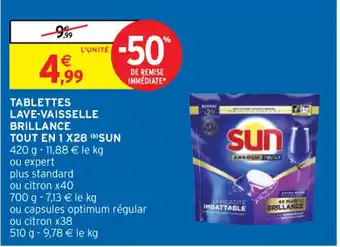 Intermarché Hyper TABLETTES LAVE-VAISSELLE BRILLANCE TOUT EN 1 X28 (b) SUN 420 g -11,88 € le kg offre