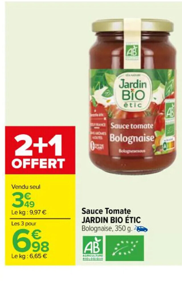 Promo Sauce Tomate JARDIN BIO ÉTIC Bolognaise, 350 g. chez Carrefour