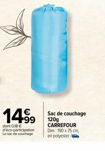 Sac de couchage 120g CARREFOUR Dim: 190 x 75 cm, en polyester
