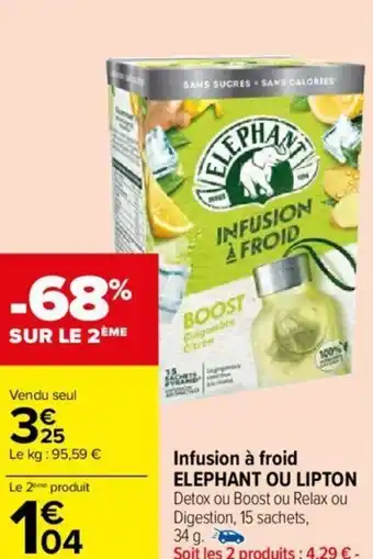 Carrefour Market Infusion à froid ELEPHANT OU LIPTON Detox ou Boost ou Relax ou Digestion, 15 sachets, 34 g. offre