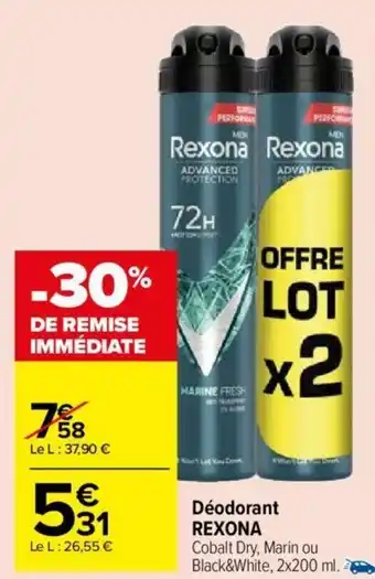 Carrefour Market Déodorant REXONA Cobalt Dry, Marin ou Black&White, 2x200 ml. offre