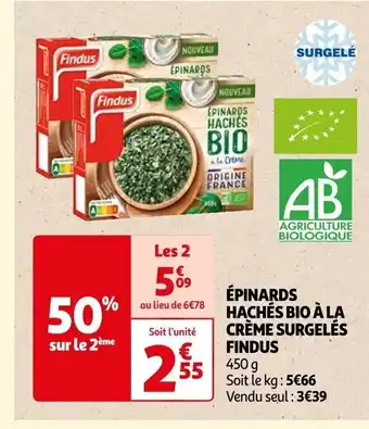 Auchan ÉPINARDS HACHÉS BIO À LA CRÈME SURGELÉS FINDUS offre