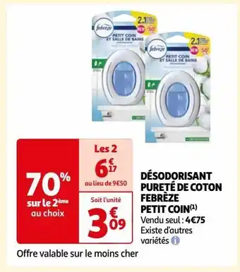 Auchan Désodorisant pureté de coton febrèze petit coin offre