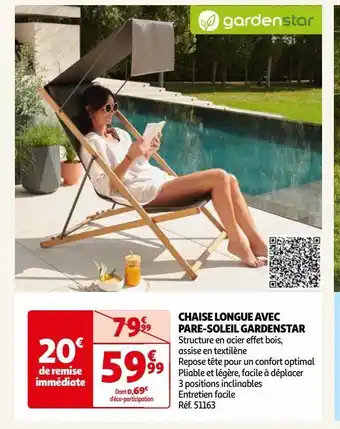 Auchan Chaise longue avec pare-soleil gardenstar offre