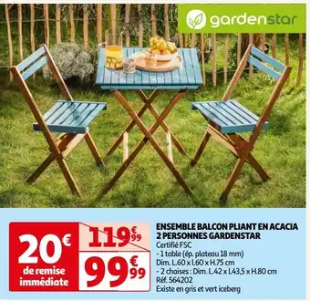 Auchan Ensemble balcon pliant en acacia 2 personnes gardenstar offre