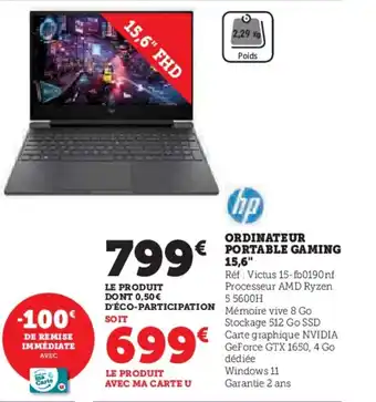 Super U ORDINATEUR PORTABLE GAMING 15,6" offre