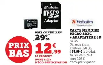 Super U CARTE MEMOIRE MICRO SDXC + ADAPTATEUR SD offre