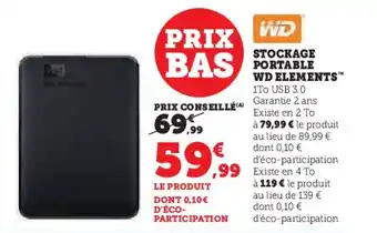 Hyper U STOCKAGE PORTABLE WD ELEMENTS offre