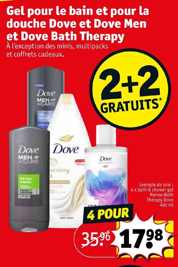 Promo Gel pour le bain et pour la douche Dove et Dove Men et Dove Bath