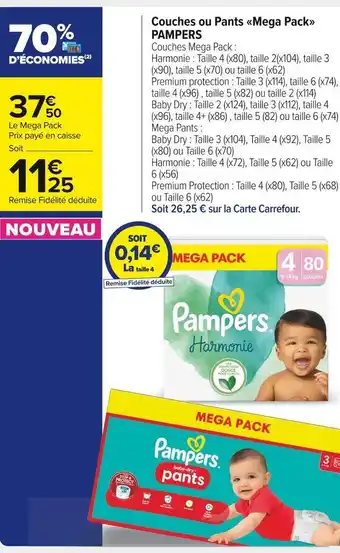 Carrefour Market Pampers couches ou pants mega pack offre