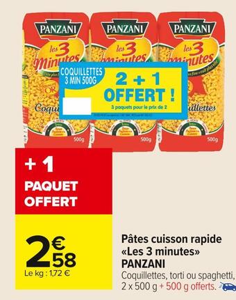 Carrefour Market Panzani pâtes cuisson rapide les 3 minutes offre