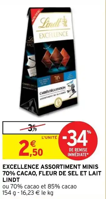 Intermarché Hyper EXCELLENCE ASSORTIMENT MINIS 70% CACAO, FLEUR DE SEL ET LAIT LINDT offre