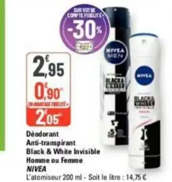 G20 Déodorant Anti-transpirant Black & White Invisible Homme ou Femme NIVEA offre