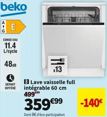 Conforama Beko lave vaisselle full intégrable 60 cm blvi70f offre