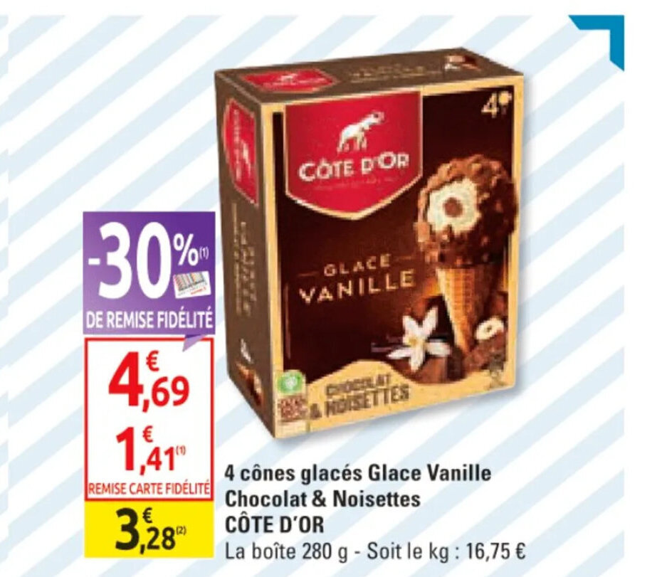 Promo 4 cônes glacés Glace Vanille Chocolat & Noisettes CÔTE D'OR chez