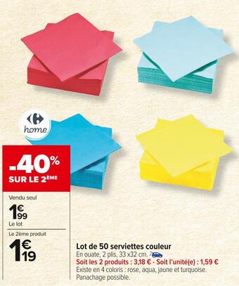 Carrefour Market Carrefour home lot de 50 serviettes couleur offre