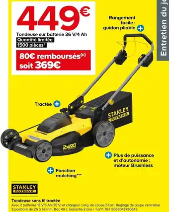 Castorama Stanley tondeuse sans fil tractée offre
