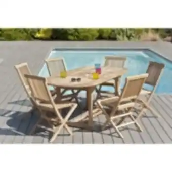 E.Leclerc Brico Harris - salon de jardin en bois teck 6/8 pers : ensemble de jardin : 1 table ovale extensible 150*200/90cm et 6 chaises offre