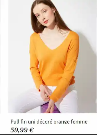 Pull fin uni decore orange femme