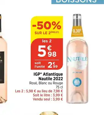 Bi1 2 IGP* Atlantique Nautile 2022 Rosé, Blanc ou Rouge 75 cl offre