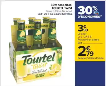 Carrefour Bière sans alcool TOURTEL TWIST Citron, 0,0% vol, 6 x 27,5 cl. Soit 1,20 € sur la Carte Carrefour. offre