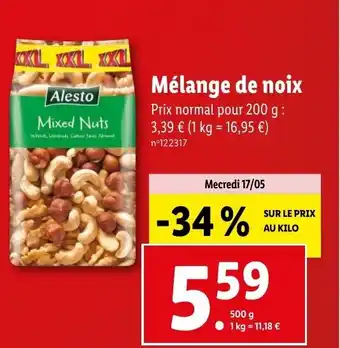 Lidl Mélange de noix Prix normal pour 200 g : 3,39 € (1 kg = 16,95 €) offre