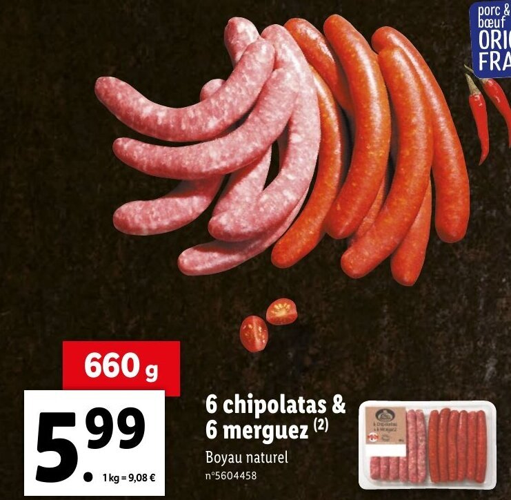 Promo 6 chipolatas & 6 merguez (²) chez Lidl
