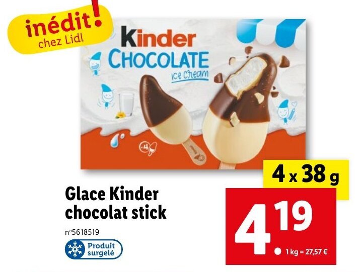 Promo Glace Kinder chocolat stick chez Lidl