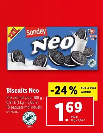 Lidl Biscuits Neo Prix normal pour 180 g: 0,91 € (1 kg = 5,06 €) 10 paquets individuels offre