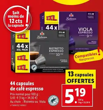 Lidl 44 capsules de café espresso offre