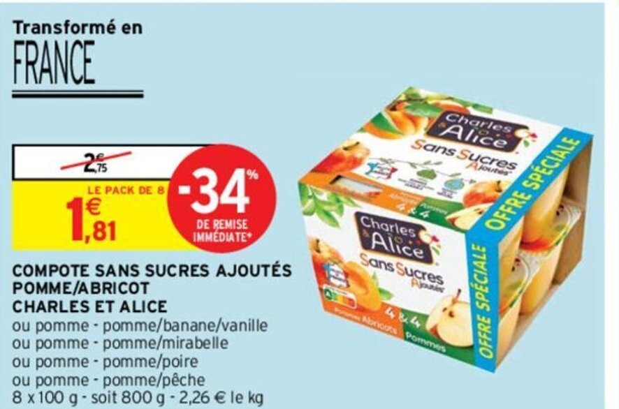 Promo COMPOTE SANS SUCRES AJOUTÉS POMME/ABRICOT CHARLES ET ALICE chez