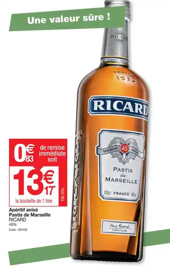 Promocash Apéritif anisé Pastis de Marseille RICARD 45% Code: 367430 offre