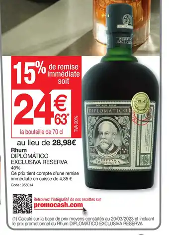Promocash Rhum DIPLOMÁTICO EXCLUSIVA RESERVA offre