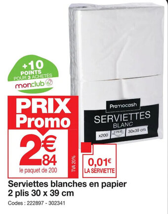 Promocash Serviettes blanches en papier 2 plis 30 x 39 cm offre