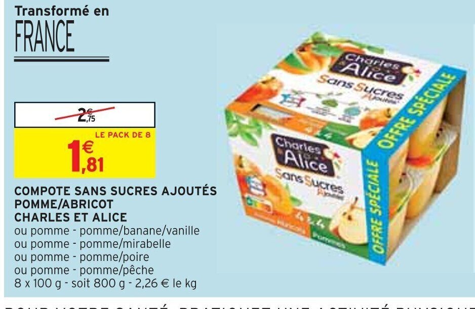 Promo COMPOTE SANS SUCRES AJOUTÉS POMME/ABRICOT CHARLES ET ALICE chez