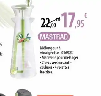 MĂ©langeur Ă vinaigrette-016923 âą Manivelle pour mĂ©langer -2 becs verseurs anti-coulures âą4 recettes inscrites.