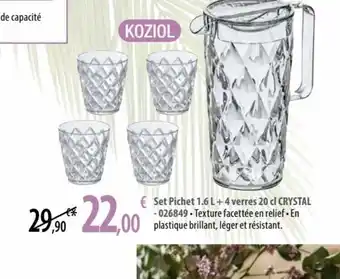 Set Pichet 1.6 L +4 verres 20 cl CRYSTAL - 026849. Texture facettée en relief. En