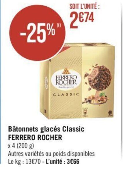 Casino Hyperfrais Bâtonnets glacés Classic FERRERO ROCHER offre