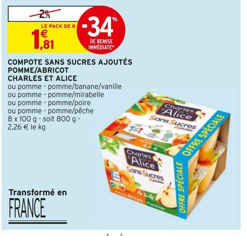 Promo Charles et alice compote sans sucres ajoutés pomme/abricot chez Intermarché
